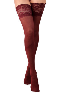 Wine Red Wide Lace Top Sheer Thigh High Stockings