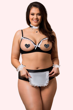 Cassia French Maid Cupless Crotchless Lingerie Set plus size front view