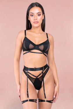 black mesh lingerie set. Sexy bralette, garter belt and panty. black mesh lingerie set. Sexy bralette, garter belt and panty.