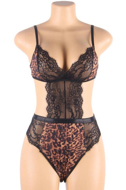 Sheila Black Lace Leopard Print Cutout Sides Teddy Bodysuit