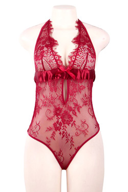 Molly Red Eyelash Floral Lace Plunging Teddy Bodysuit