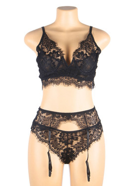 Fiora Plus Black Lace Bralette Garter Belt Lingerie Set