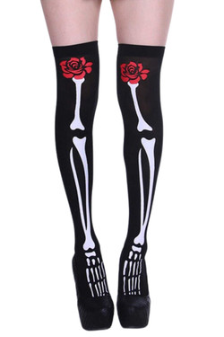 Day of the Dead Rose Skeleton Thigh High Opaque Stockings