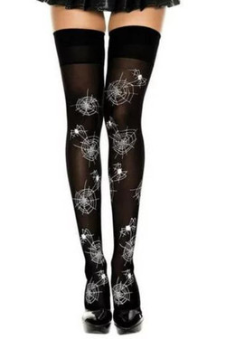 Black Spiderweb Print Gothic Thigh High Opaque Stockings