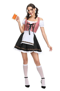 Red Plaid Gingham Beer Maid Peasant Dress Dirndl Costume