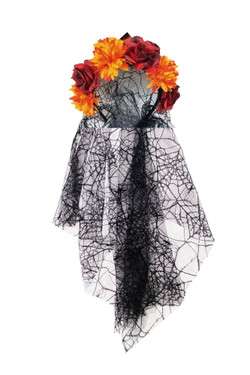 Yellow & Red Day of The Dead Flower Headband with Spiderweb Veil