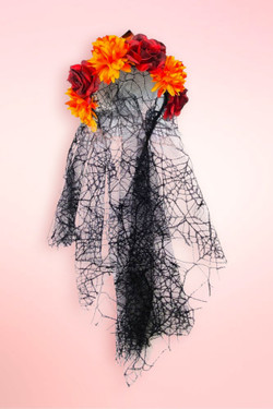 Yellow & Red Day of The Dead Flower Headband with Spiderweb Veil