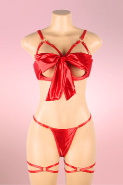 Cerise Red Satin Bow Cupless Underwire Bra Thong Thigh Garter Set Cerise Red Satin Bow Cupless Underwire Bra Thong Thigh Garter Set