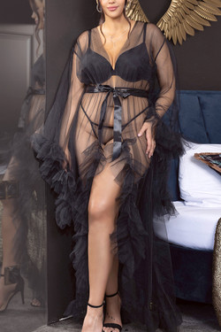 Luzianne Black Retro Glam Ruffled Tulle Long Dressing Gown Luzianne Black Retro Glam Ruffled Tulle Long Dressing Gown