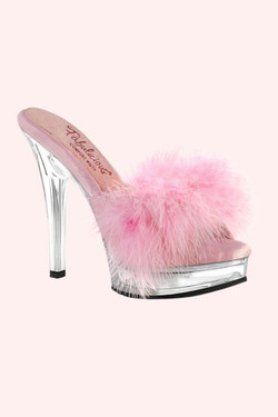 Pleaser USA Majesty 501 Baby Pink Marabou 5” Retro Clear Slip on Stiletto Mule High Heel Sandals