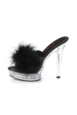 Pleaser USA Majesty 501 Black Marabou 5” Retro Clear Slip on Stiletto Mule High Heel Sandals