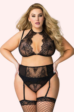 Kendra Black Lace Halter Crop Bra Garter Belt Plus Size Lingerie Set