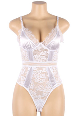 Teagan Plus Size White Satin Lace Bodysuit Bridal Teddy Lingerie