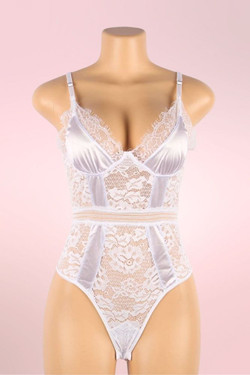 Teagan White Satin Lace Plus Size Bodysuit Teddy Lingerie  actual product picture on a mannequin front view 