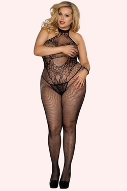 Pia Plus Size Black Halter Fishnet Full Body Stockings