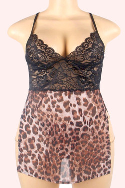 Kaliyah Plus Size Black Lace Leopard Side Slit Chemise