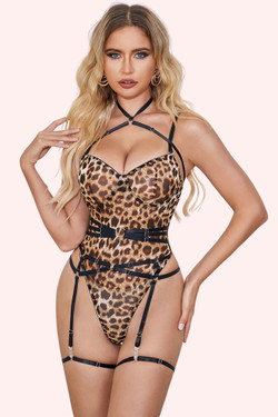 Safira Leopard Print Strappy Harness Garter Belt Teddy