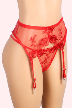 Fifi Red Embroidered Sheer Garter Belt Suspender with Thong Fifi Red Embroidered Sheer Garter Belt Suspender with Thong