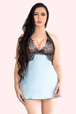 Kaitlyn Black Lace Blue Satin Plus Size Babydoll