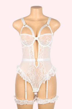 Brittany White Lace Garter Teddy Bodysuit