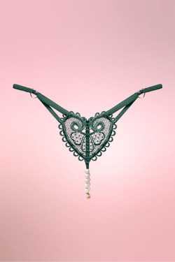 Teal Embroidered Heart Pearl Crotchless Thong Teal Embroidered Heart Pearl Crotchless Thong
