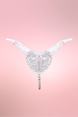 retro Heart Embroidered White Lace Crotchless Pearl Thong