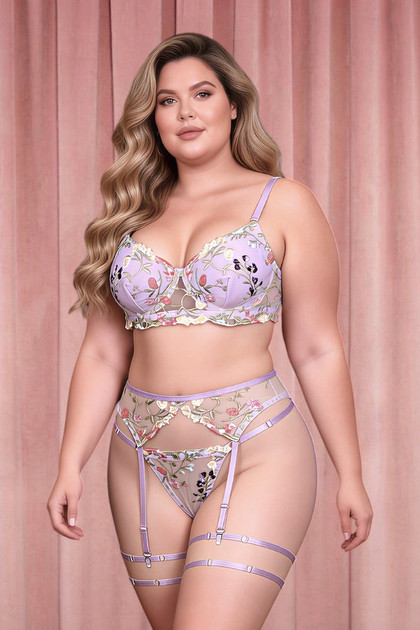 Indra Plus Size Floral Embroidered Sheer Bra thigh Garter Belt Set