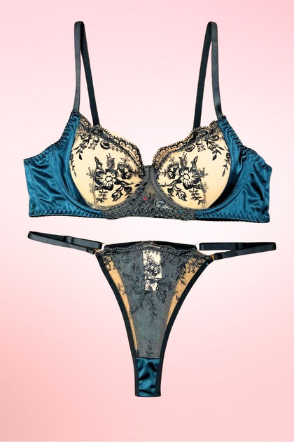 Teal Satin Lace Bra and Panty Set.