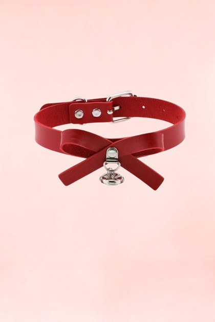 Red Ribbon Bow Bell Faux Leather Choker Necklace.