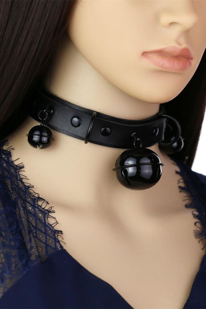 Black Vegan Leather Choker with Black Bell