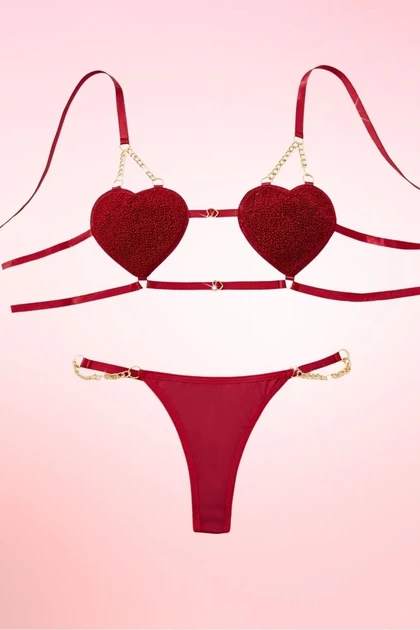 Valentina Red heart Bra and Thong Lingerie Set.