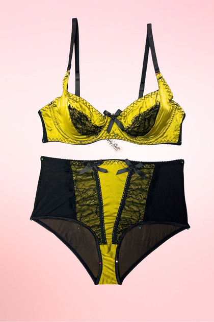 Roxy Retro Olive Satin Bra and High Waist Panty Set.