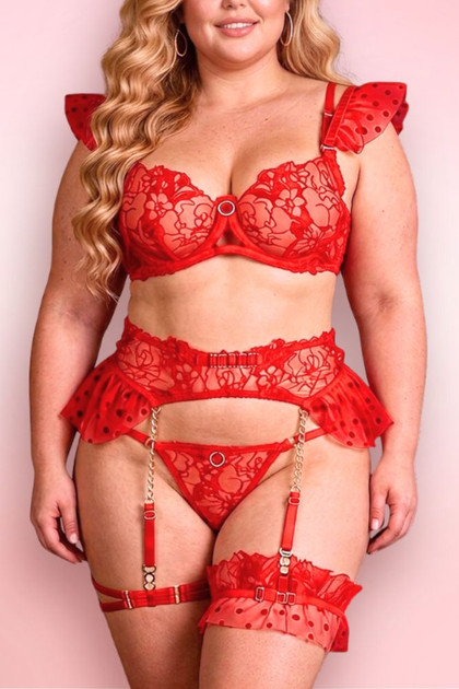 Plus size red lingerie set with garters.