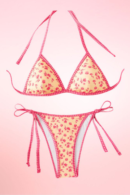 Floral Pastel Pink Yellow Two Piece Swimsuit.