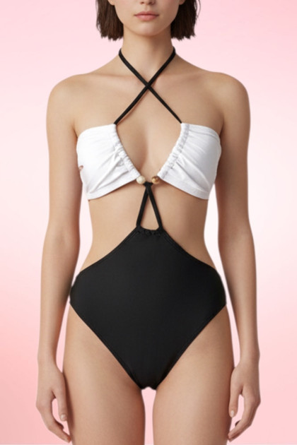 Hanalei White Black Halter One Piece Swimsuit