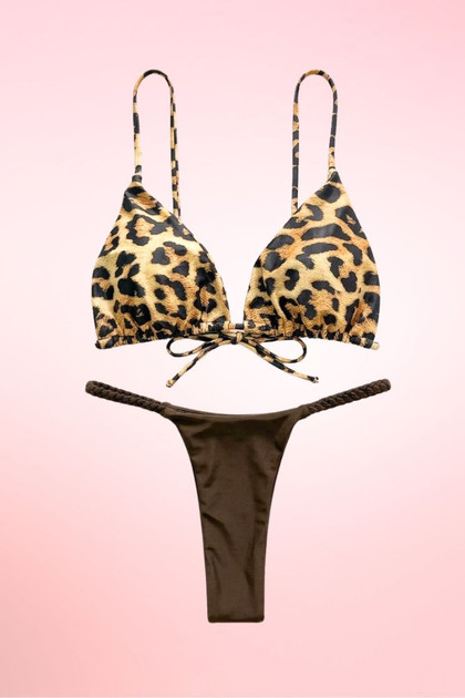 Leopard print, brown thong two piece swimsuit.