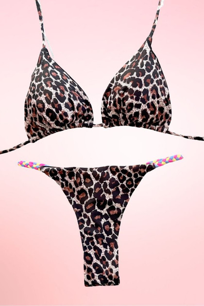 Leopard Print Two Piece thong Swimsuit with Braided Straps.