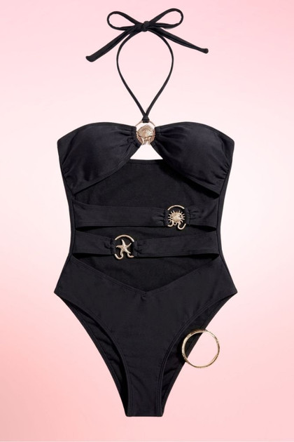 Black cut out one piece swimsuit.