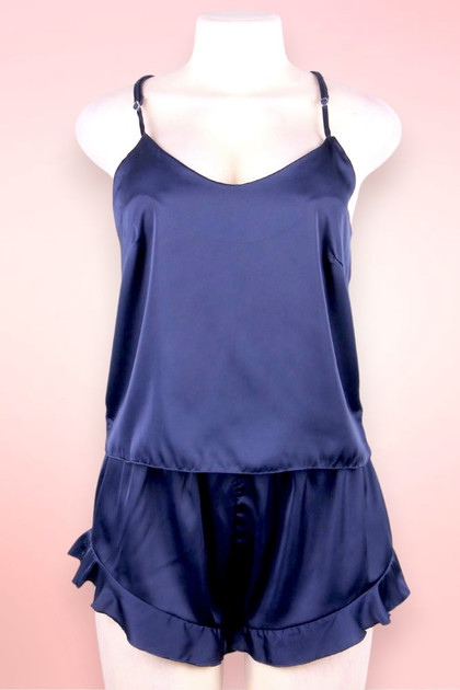 Navy Satin Camisole and Ruffle Shorts Set.