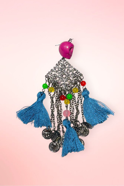 Exotica Pink Skull Boho Chandelier Tassel Statement Earrings