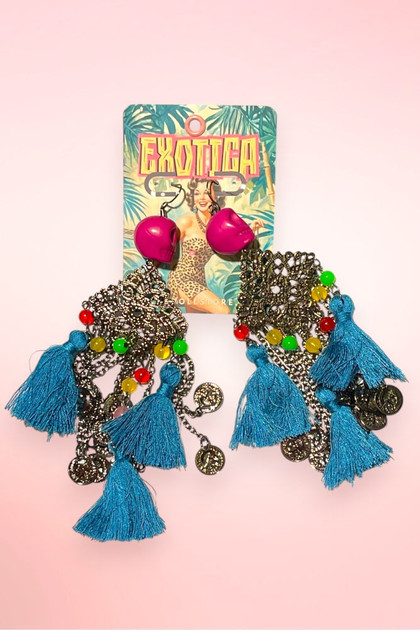 Pink Skull Blue Tassel Chandelier Earrings