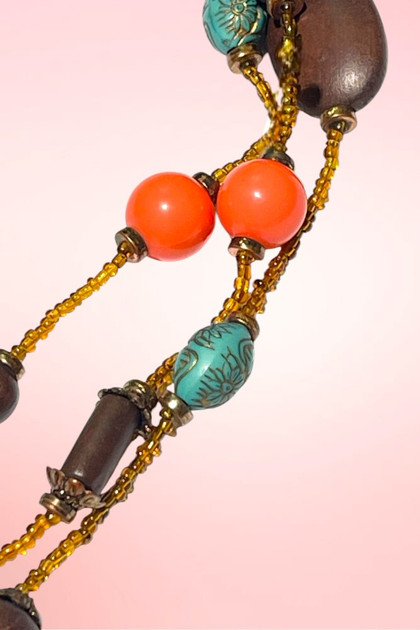 Island Voodoo Multi-Strand Coral and Wood Layered Statement Necklace