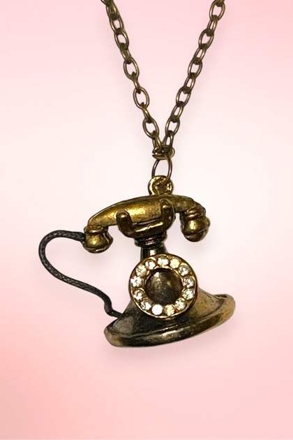 Vintage Telephone Necklace in brass  gold tone.