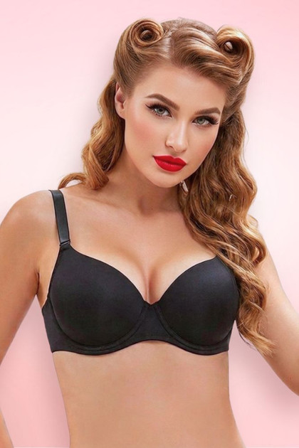 Black full cup coverage bra with smooth t-shirt cups and adjustable straps, plus size support bra for curvy women