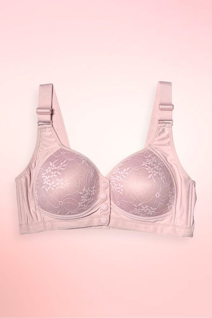 Plus size wireless front closure bra in old rose, front view showing floral lace cup overlay and button front closure. 