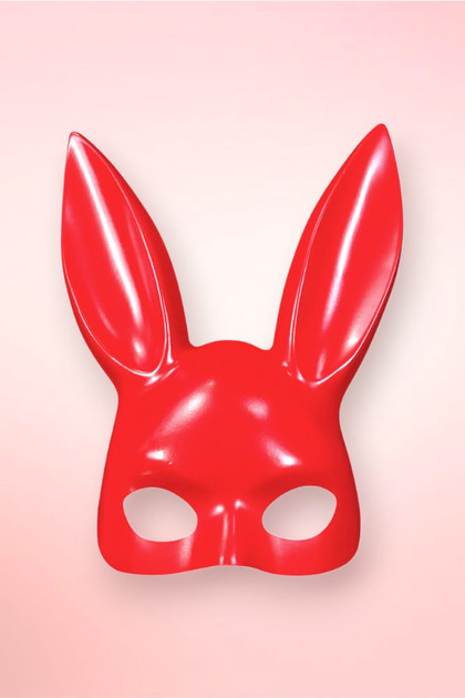 Isolated product view of the glossy red bunny masquerade mask.