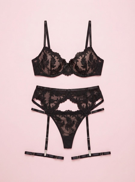 Nadine Black Lace Bra Garter Belt Thong Lingerie Set