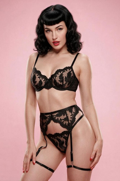Nadine Black Lace Bra Garter Belt Thong Lingerie Set