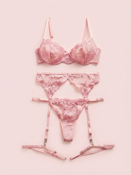 Nadine Pink Lace Bra Garter Belt Thong Lingerie Set