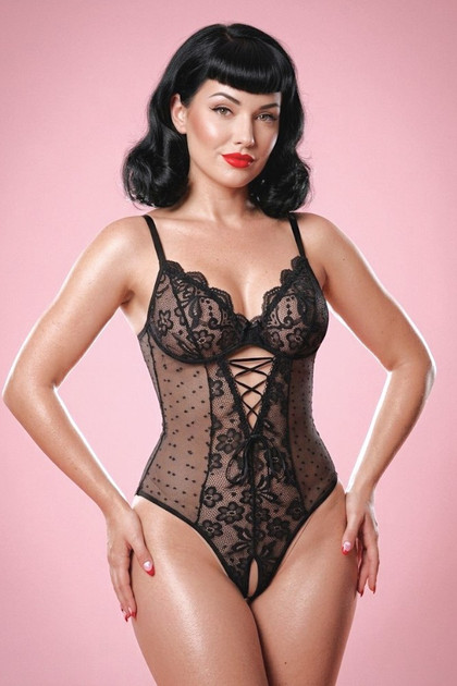 Geneva Black Sheer dottedt teddy bodysuit